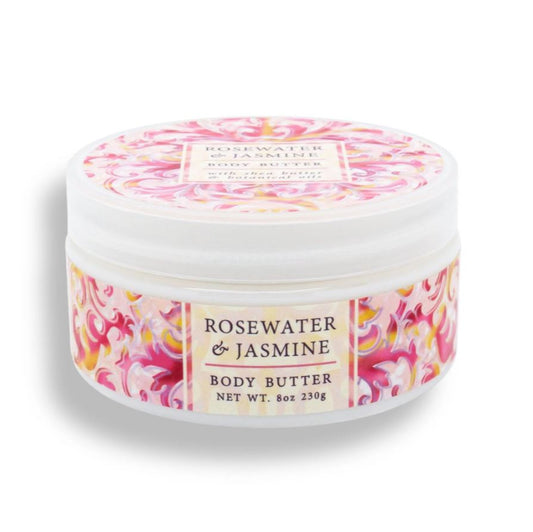 Jar of rosewater and jasmine body butter with floral design on label