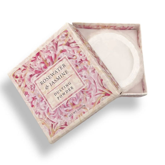 Rosewater & Jasmine dusting powder in a decorative box on a white background