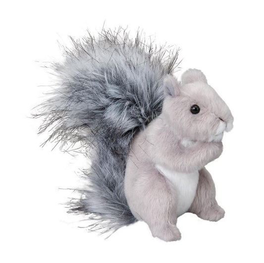 Plush toy squirrel with gray fur on a white background