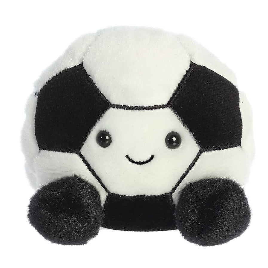 Plush toy shaped like a soccer ball with a smiling face on a white background