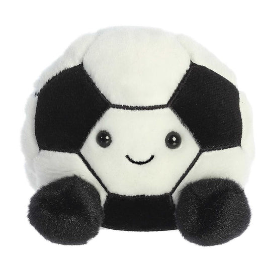Plush toy shaped like a soccer ball with a smiling face on a white background