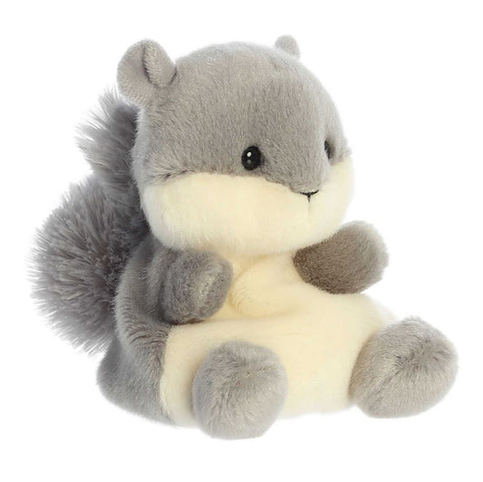 Plush toy squirrel with gray fur and a cream belly on a white background