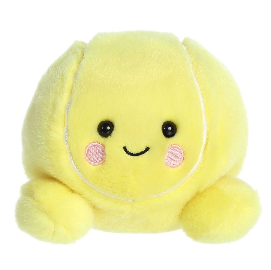 Yellow plush toy resembling a tennis ball with a smiling face on a white background