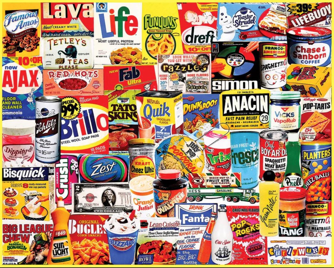 Collection of vintage consumer products packaging in a collage format.