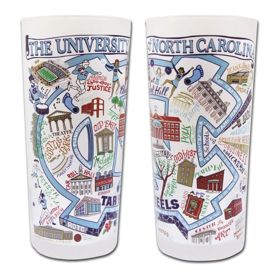 Two tumblers with illustrations of The University of North Carolina at Chapel Hill on a white background.