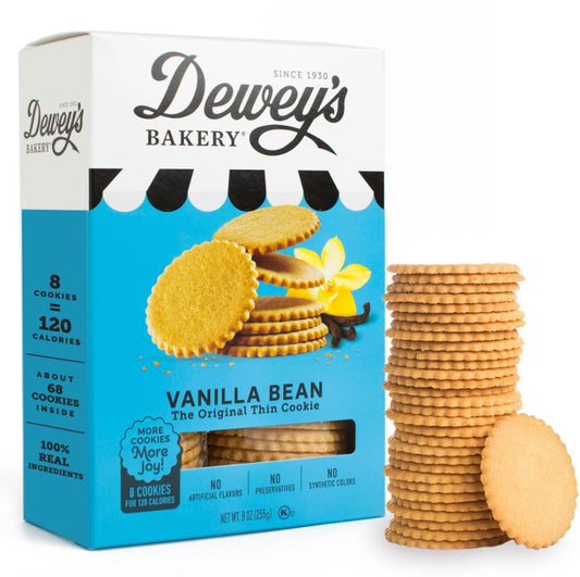 Dewey's Bakery vanilla bean cookies packaging with cookies displayed